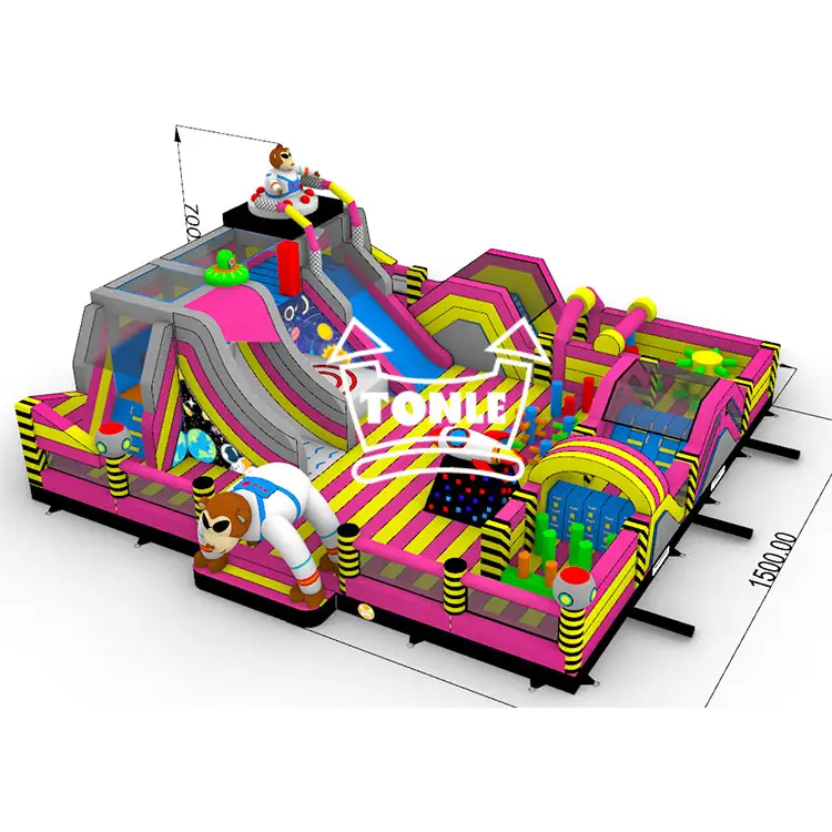 15x15m Space Brown Bear inflatable fun park with pink and yellow stripes and astronaut figures