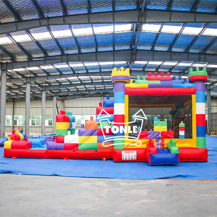 Front view of 8.4m building blocks water combo with colorful turrets and slide