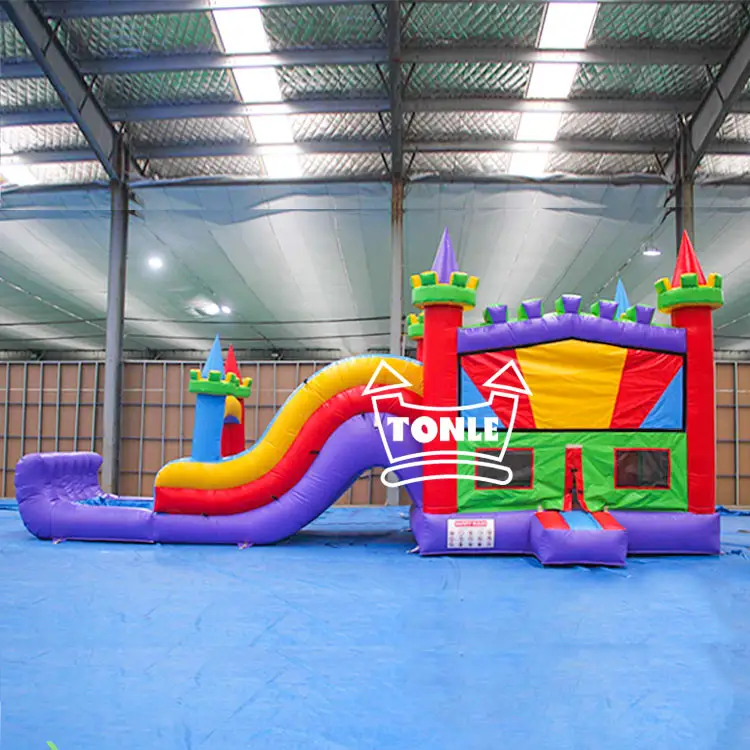 Colorful single lane water combo with red and purple castle turrets and yellow slide