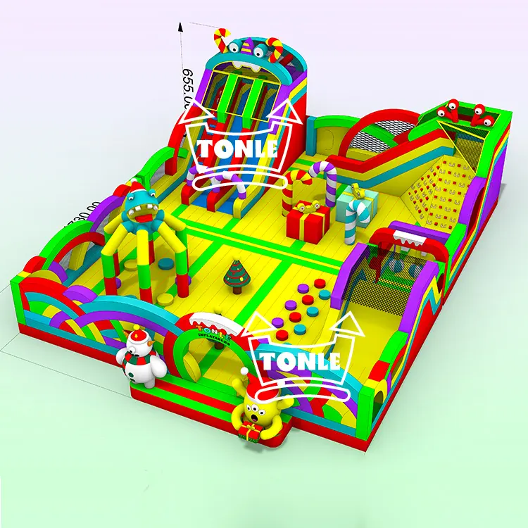 17.3m Christmas Monsters Theme inflatable game park with colorful monster obstacles and green floor