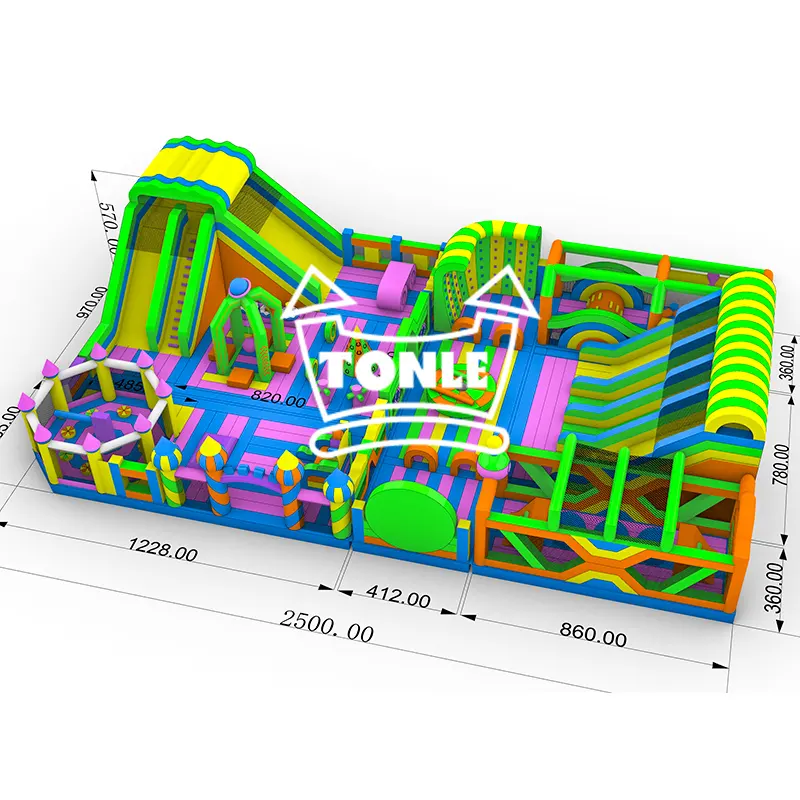 Colorful World Theme Game Park inflatable playground showing 25m length dimension lines and multi-color slide structure