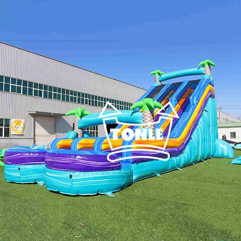 20ft blue marble double lane water slide with palm trees and splash pools