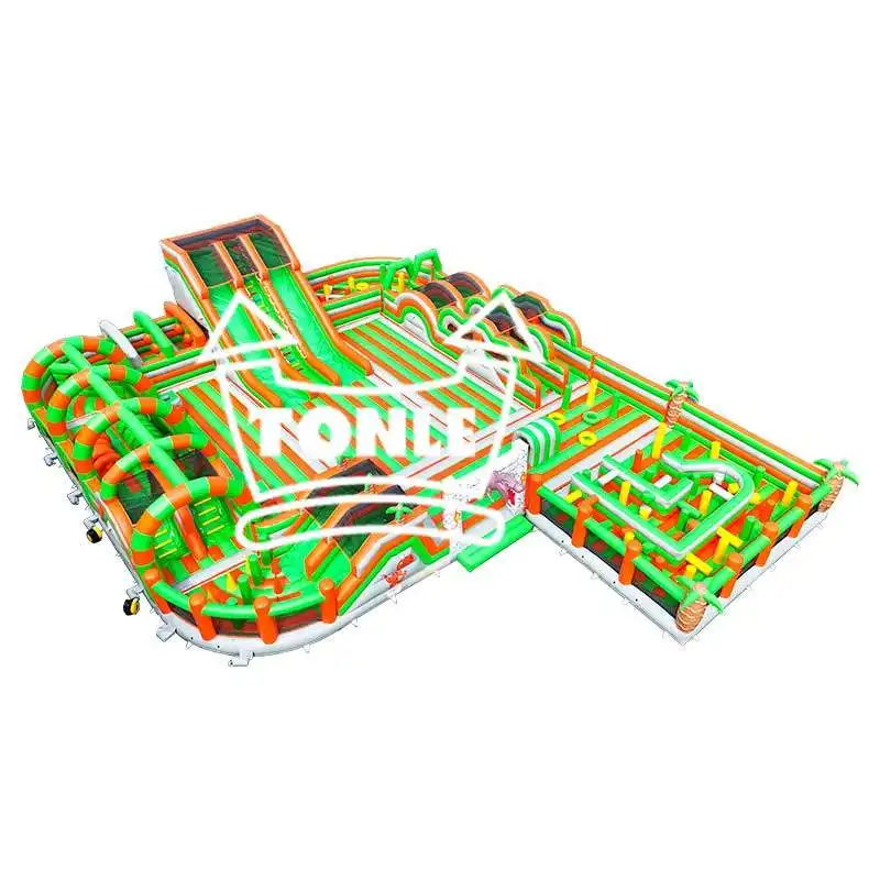 Orange and green big world inflatable fun park showing full layout with slide and maze