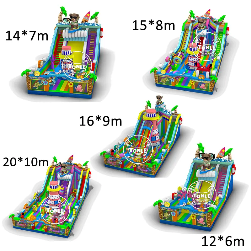 12x6m Ocean Theme Inflatable Playground with blue slides and octopus graphics