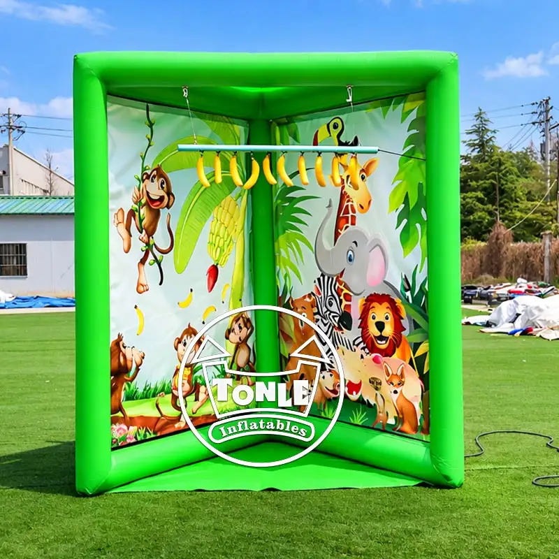 Green inflatable Eye-Hand Coordination Game with jungle animal graphics and hanging banana targets