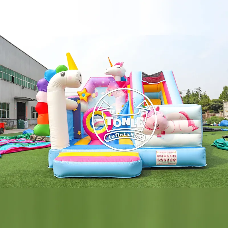 Unicorn Single Lane Dry Slide Combo showing rainbow mane column and pink slide on green grass