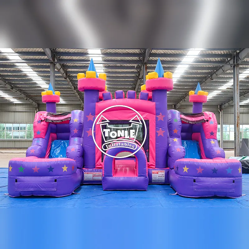 Front view of Pink-Purple Dual-Lane Dry Slide Combo showing castle turrets and star patterns