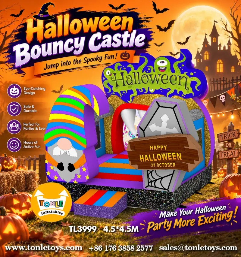 Magic Halloween-Themed Castle with purple walls, striped witch hat column, and coffin entrance measuring 5x4x4.5m