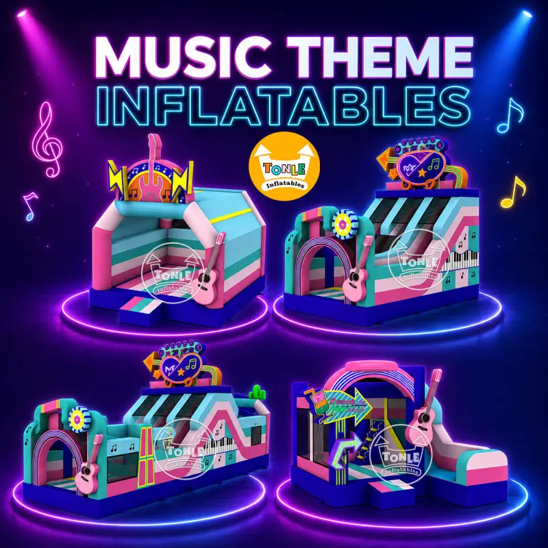Rock Music Day-Themed Castle inflatable bounce house with neon guitar and piano graphics in pink and teal