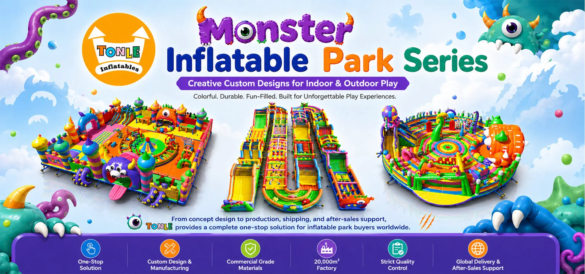 Commercial inflatable water park installed on the sea