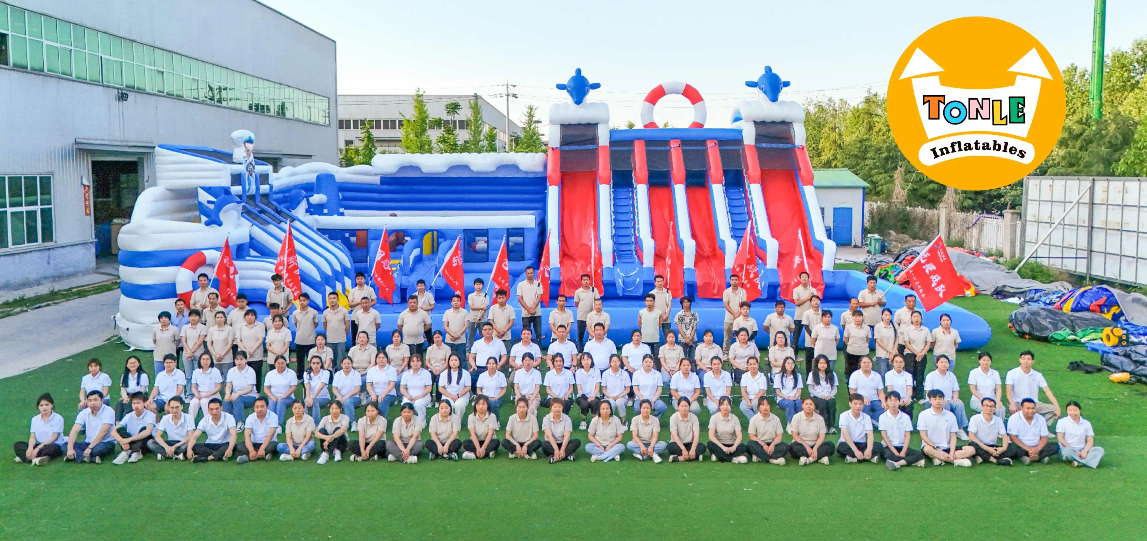 Commercial inflatable water park installed on the sea